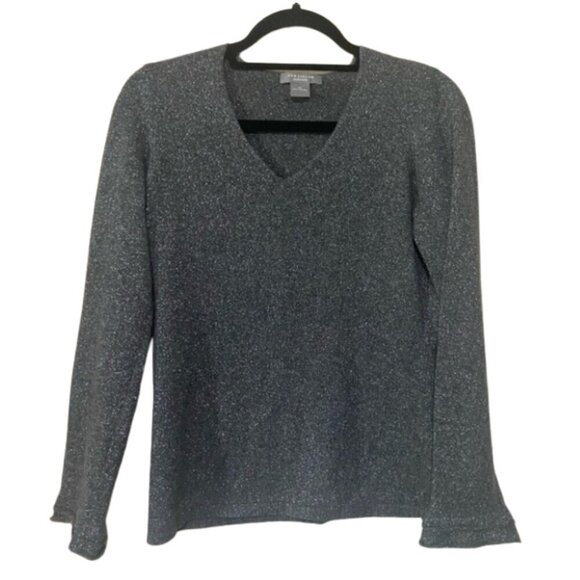 Ann Taylor LIKE NEW grey metallic cashmere v neck ruffle sleeve sweater SP - Picture 1 of 5